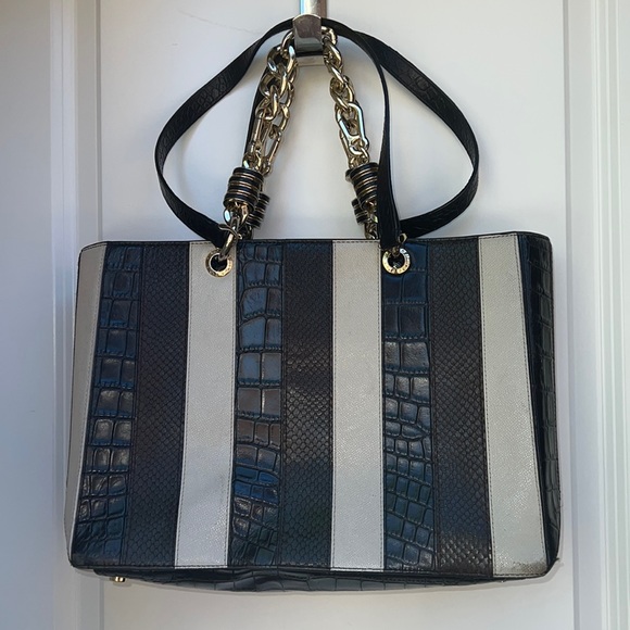 Henri Bendel multi textured striped satchel with chain link accents - Picture 5 of 16